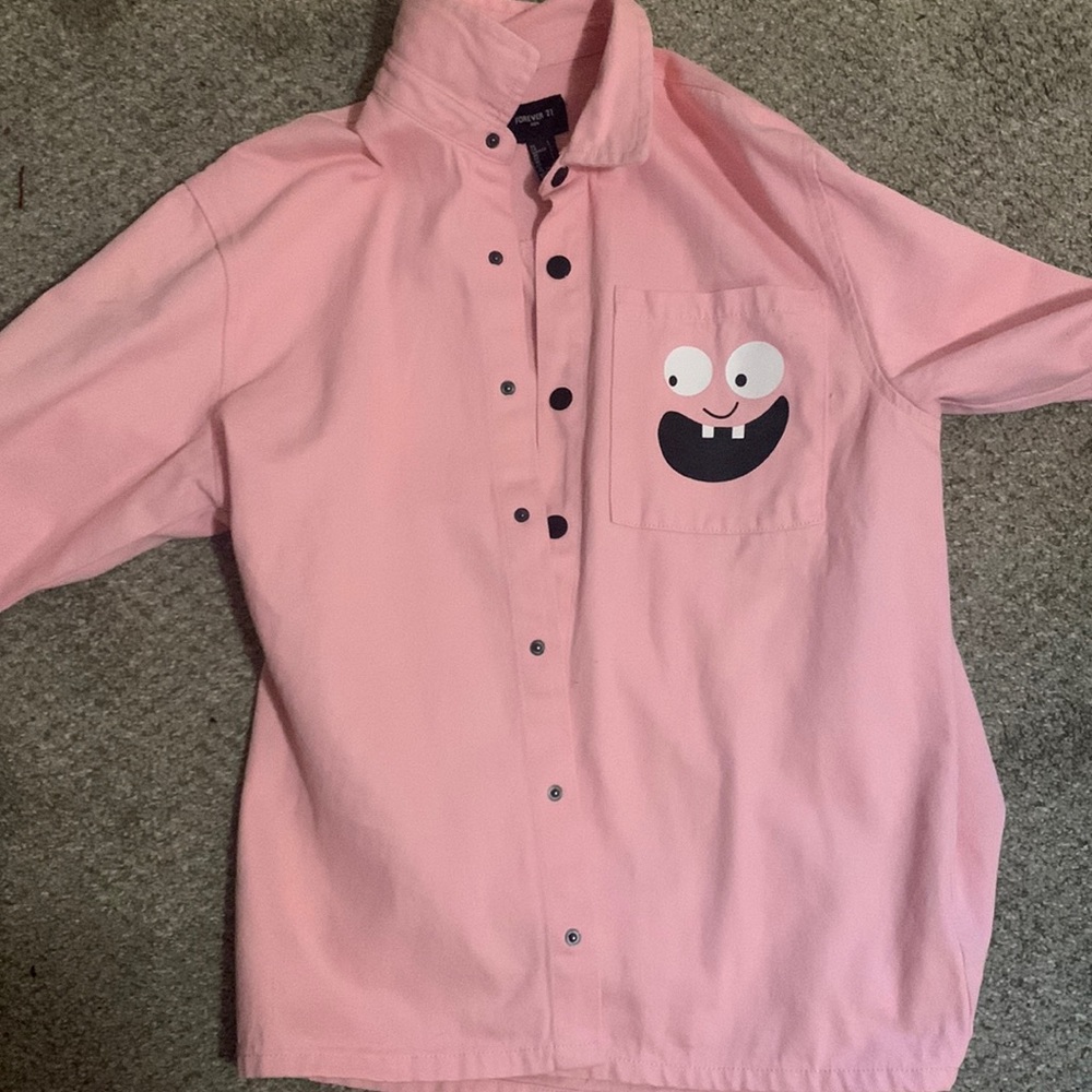 Large pink shacket with cartoon face